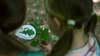 Two girls identifying leaves with a leaf swatch book